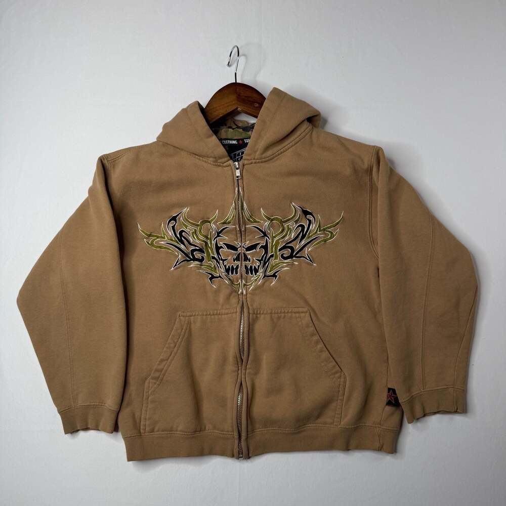 Vintage Y2K Top Heavy Brown Zip-Up Hoodie Tribal Skull Graphic Size S